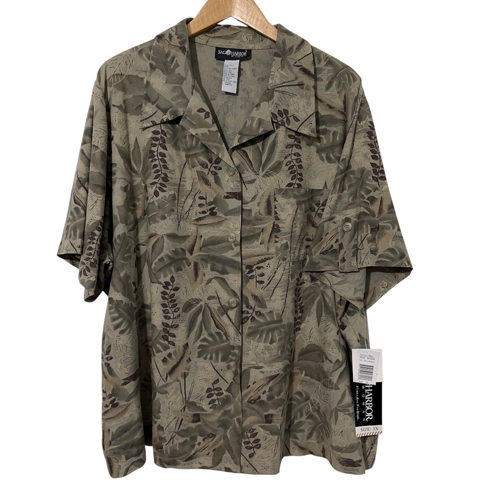 NWT Sag Harbor Leaf Print Silk Shirt Womens Plus Size 3X Fall Casual Office